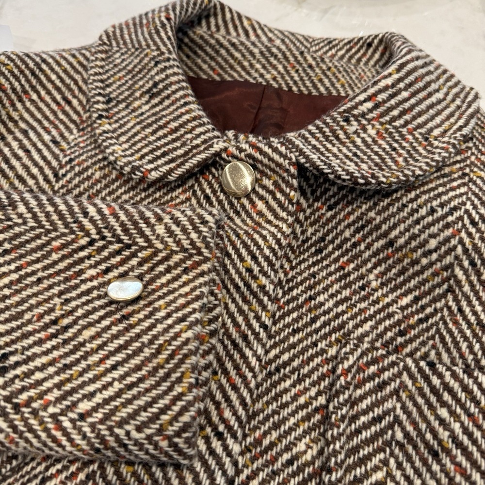 Vintage Herringbone Tweed Suit Jacket With Skirt Womens Brown Academia Size 6/8